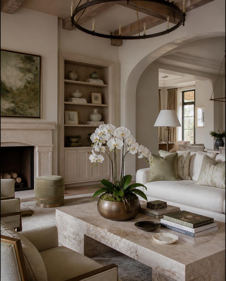 Elegant living room prepared for a private Aevalyte wellness visit