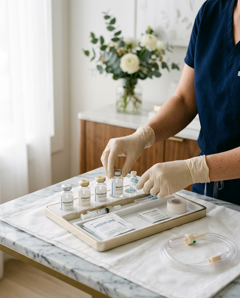 Gloved nurse hands arranging a premium clinical tray with glass vials on white linen