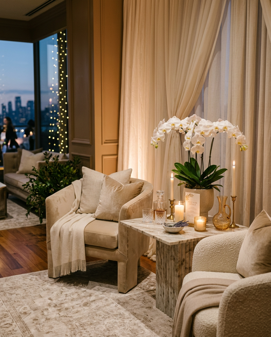 Elegant private event wellness lounge with orchids, candles and upholstered chairs