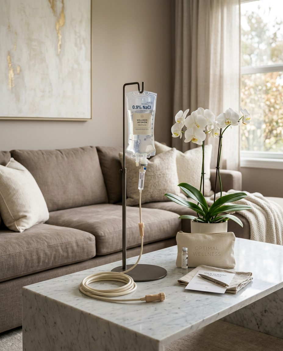 Elegant IV hydration setup on a marble table in a refined living room with a white orchid