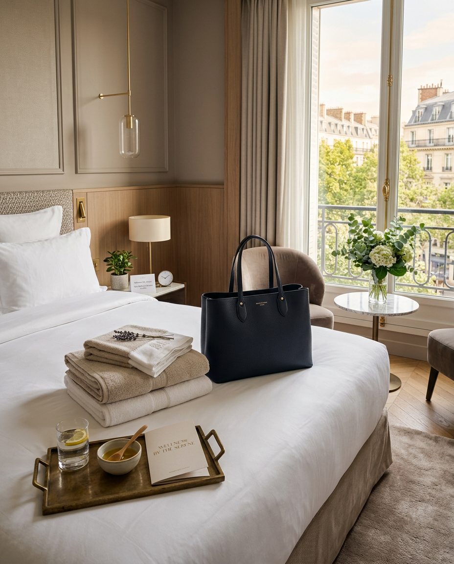 Luxury hotel suite prepared for a private wellness appointment with soft towels and flowers