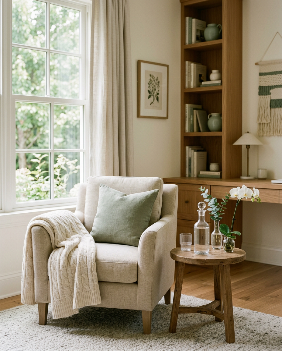 Serene home office corner with a linen armchair, water carafe and orchid in warm light