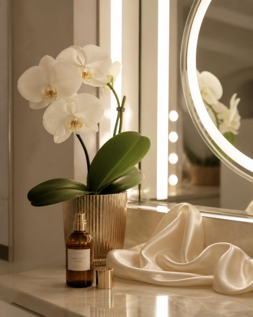 White orchid and amber glass bottle on a softly lit marble vanity