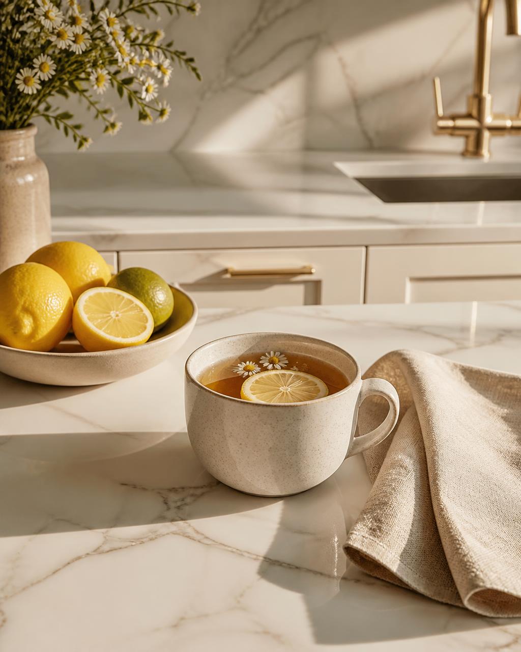 Cup of herbal tea with citrus on an elegant marble kitchen counter