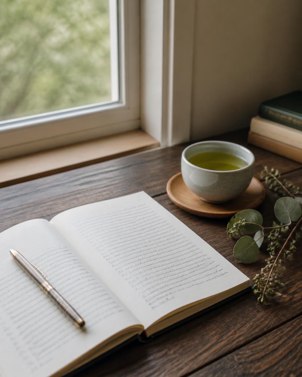 Serene writing desk with an open journal and green tea by a window