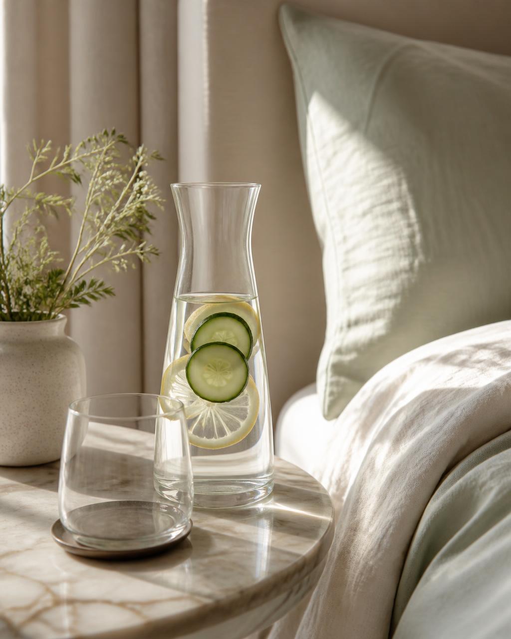 Glass carafe of infused water on a marble bedside table in soft morning light