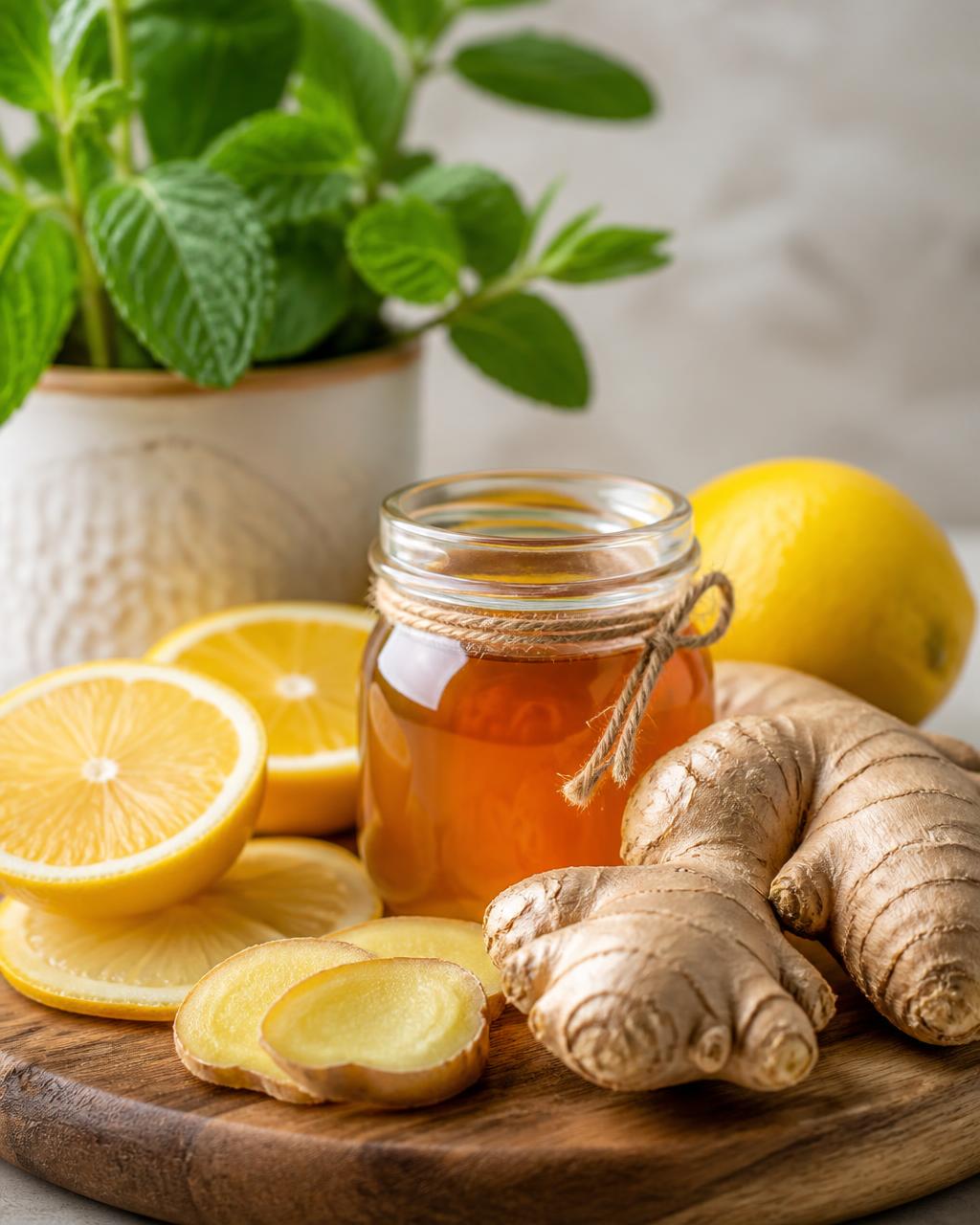 Fresh ginger, citrus and honey arranged on a wooden board