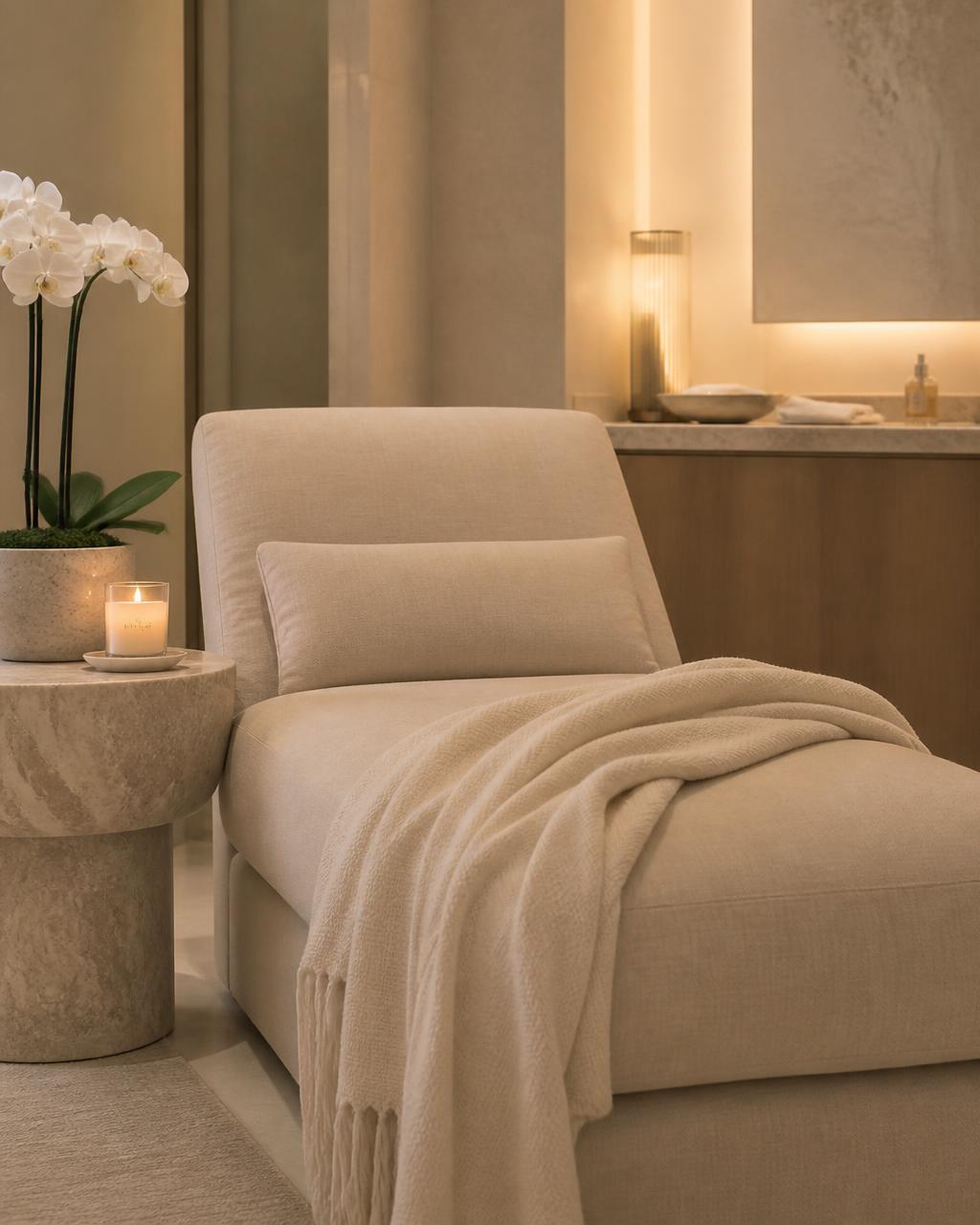 Cream chaise lounge with a soft throw, candle and orchid in warm evening light